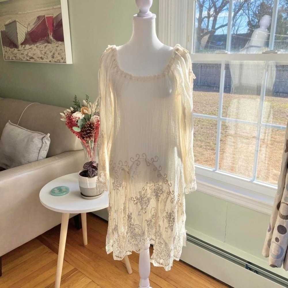 Anjuna Embroidered Sheer Midi Dress Long Sleeve Size XS‎ Made In Italy Boho